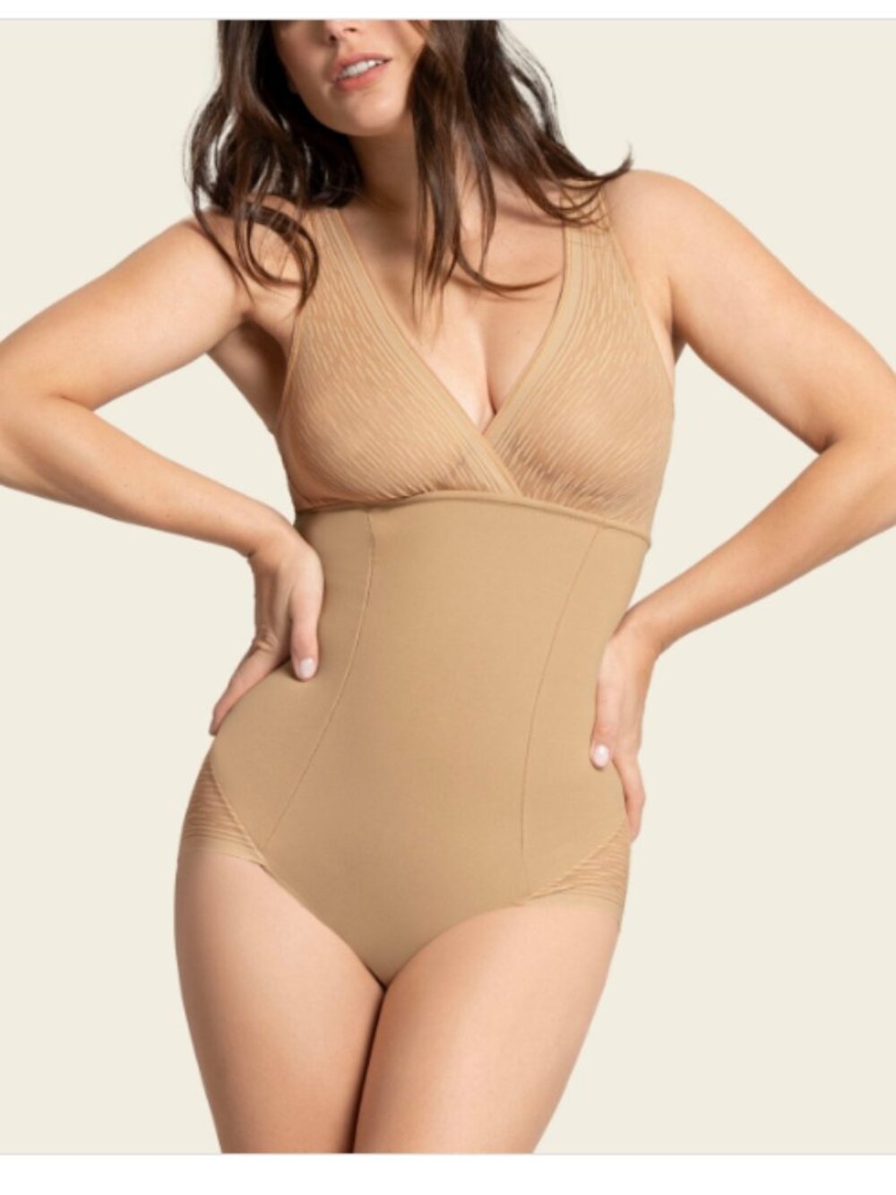 Leonisa Women's Sheer Stripe Detail Sculpting Bodysuit - Golden Beige